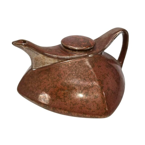 Vintage Mid-Century Modern Teapot Brown Ceramic Angular Speckled Retroneu JE109 - Picture 5 of 11